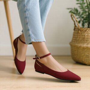 LURNYET Women's WINE NUBUCK Casual Ankle Strap Pointed Toe Ballet Flats Shoes
